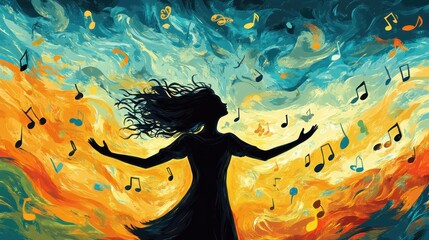 A flat design of a human figure surrounded by bright colors and musical notes that are floating around in a rhythmic motion, in the style of a cartoon.