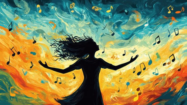 A flat design of a human figure surrounded by bright colors and musical notes that are floating around in a rhythmic motion, in the style of a cartoon.