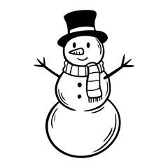 A cheerful snowman with a top hat and scarf stands with outstretched arms. The snowman has a round body and a smiling face, embodying winter fun.