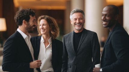 Diverse business team smiling and connecting. Demonstrates success, collaboration, and positive work environment. Perfect for corporate brochures or web content.