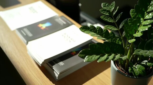 Stack of brochures next to potted plant on wooden table, indoor, leaves, publication.