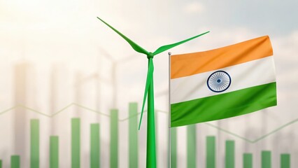 Indian flag blended with green energy wind turbine and chart — representing eco-finance and sustainability