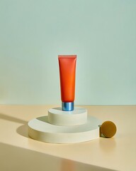 Orange colored cosmetic tube with blue cap displayed on a white circular pedestal with a small brown object nearby
