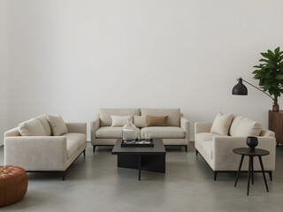 Spacious Minimalist Living Room with White Sofas and Neutral Decor