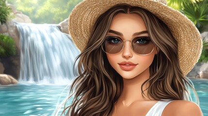 A young woman in a straw hat and sunglasses takes a selfie against the backdrop of a picturesque waterfall. cartoon style