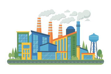 Obraz premium Industrial Plant Vector Illustration with Factory Buildings and Smokestacks Emitting Steam against a White Background Depicting Modern Urban Pollution
