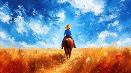 In a field, a girl riding a horse under a bright blue sky and an endless horizon, an oil painting in warm colors. cartoon style