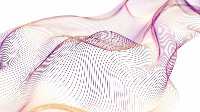 Elegant, wavy surface made of fine gradient lines, flowing from purple to orange on a white background. Looping animation. - Powered by Adobe