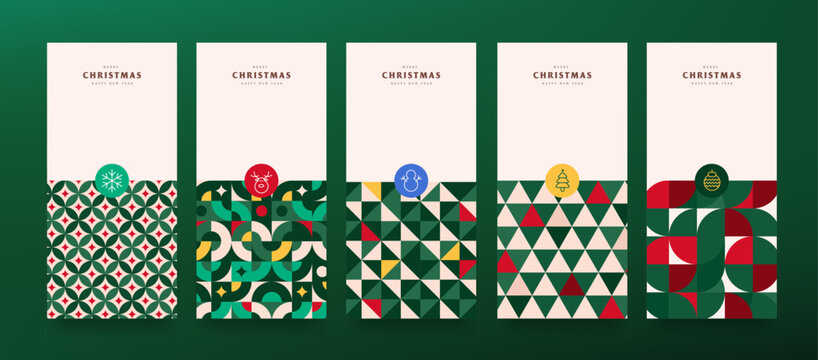 Set of modern christmas packaging patterns with abstract geometric backgrounds and holiday icons in red and green color scheme