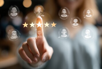 Hand touching glowing star ratings with portrait icons, bokeh background, soft-focus shot of woman in gray sweater