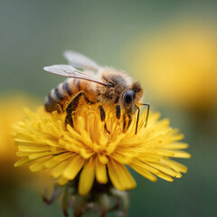 A detailed macro shot of a bee collecting pollen from a bright yellow flower. Symbolizes nature, pollination, spring, and the environment. Ideal for ecology, conservation, and organic themes.