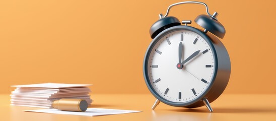 Alarm clock beside a stack of papers on a vibrant orange background.