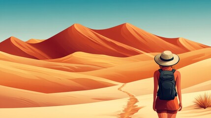 In the middle of a vast desert, a woman in a sun-protective hat with a backpack walks along a faint trail, with towering dunes rising in the distance. cartoon style