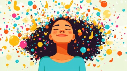 A stylized human figure is shown in a flat design, with bursts of bright colors and floating musical notes surrounding it. cartoon style