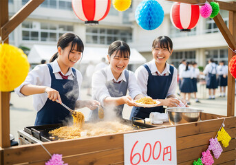 High School Girls Making Yakisoba with Smiles at a Lively School Festival