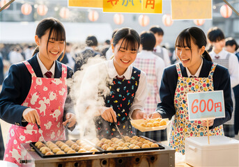 Three High School Girls Happily Making Takoyaki on a Sunny School Festival Day