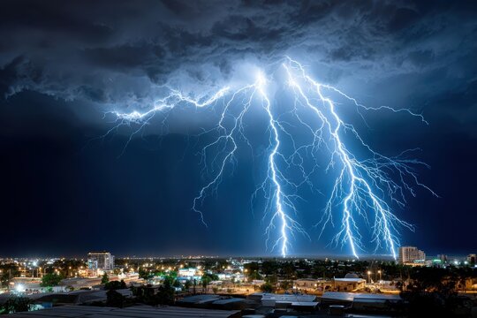 Lightning Strikes Over City at Night