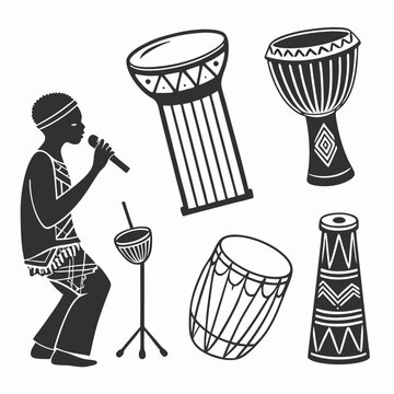 African musician and tribal drums silhouette djembe