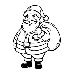 A cheerful Santa Claus character with a white beard, wearing a red suit and hat, holding a large sack. The scene conveys a festive holiday spirit.