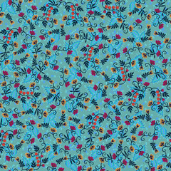 Intricate seamless pattern with flowers, leaves, berries and paisley on a grey-green background with blue nettle leaves. Ethnic motifs. Beautiful vector illustration.