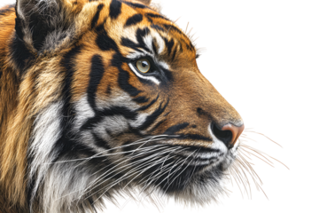 Close-up side portrait of a majestic tiger with orange and black fur pattern isolated on transparent background