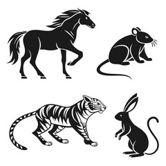 Fototapeta premium Black animal silhouettes horse rat tiger rabbit vector