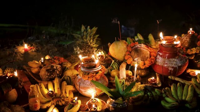 sacred chhath puja daali with offering fruits lit with traditional oil lamp at riverbank