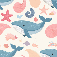 Whale harmonious pastel vector pattern ideal for seamless textures.