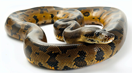 Obraz premium Coiled anaconda snake with patterned scales and intense eyes staring forward on clean white background.