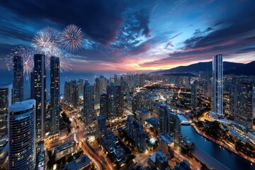 Fireworks over a vibrant cityscape at dusk