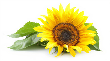 Obraz premium Bright yellow sunflower with fresh green leaves placed on a clean white background, symbolizing positivity, summer, and natural beauty.