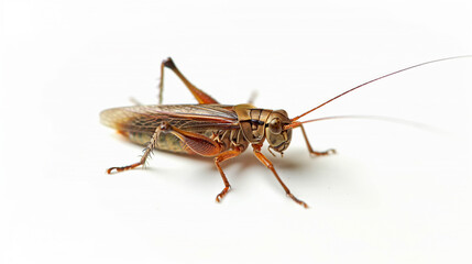 Close-up of a brown cricket insect with long antennae standing on a clean white background.