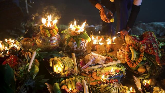 holy chhath puja ritual daali with fruits and glowing diya at riverside