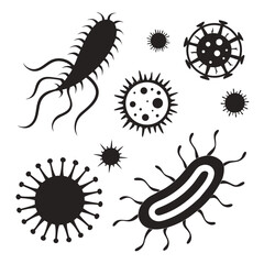 Black silhouette bacteria and virus shapes microscopic