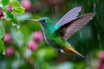 Fototapeta premium Hummingbird in Rain Near Blossoming Flowers