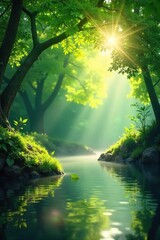 Obraz premium Serene nature scene depicting healing spirituality; sunlight filters through leaves onto tranquil water, suggesting inner peace and spiritual rejuvenation , growth, lush