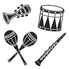 Black silhouettes of musical instruments white drum