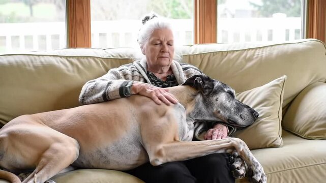 Senior woman relaxing on couch with Great Dane dog, petting pet with love. Indoor lifestyle with calm, peaceful animal companion.