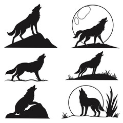 Black wolf silhouettes howling on white background moon