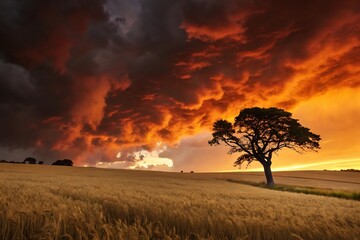 Fototapeta premium Dramatic sunset sky over a golden wheat field with a lone tree clouds storm