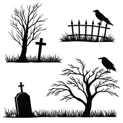Naklejka premium Cemetery scene silhouettes bare trees gravestones crows fence cross