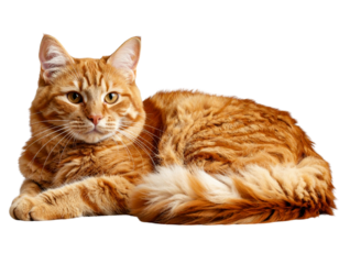 Playful Red Domestic Cat Lying on Side with Curved Tail, Relaxed Pose, Isolated on Transparent Background PNG