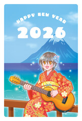 年賀状2026-富士山の前でギターを弾く着物姿の女の子