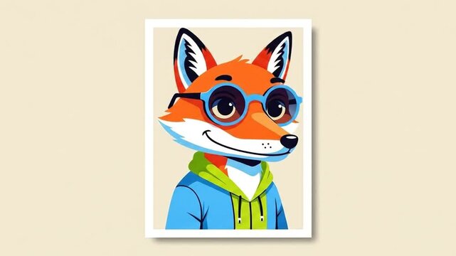 A charming cartoon illustration of a fox wearing blue glasses and a hoodie, depicted in a friendly, stylized manner with vibrant colors.