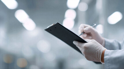 Closeup of gloved hands writing on a clipboard in a sterile environment. Emphasizes precision, hygiene, control, and recordkeeping. Ideal for healthcare, science, or manufacturing.