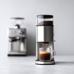 Sleek espresso machine brewing a rich, dark coffee in a clear glass. Represents modern kitchen appliances, gourmet coffee,  the joy of a perfect shot.