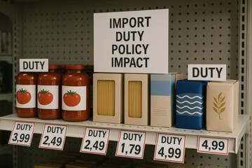 import duty policy impact concept. Grocery shelf displaying products labeled with import duty information.