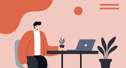 Illustration of a man working on a laptop at a desk with plants, representing remote work, online learning, and a modern professional lifestyle.
