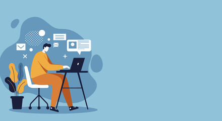 Man working diligently on a laptop in a modern remote office setup, surrounded by digital communication and information icons. Represents productivity, online business, and a connected lifestyle.