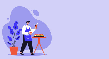 Male chef in apron prepares a hot dog and ice cream, symbolizing food service, fast-food, and casual dining concepts. Ideal for hospitality, lifestyle, and business use.